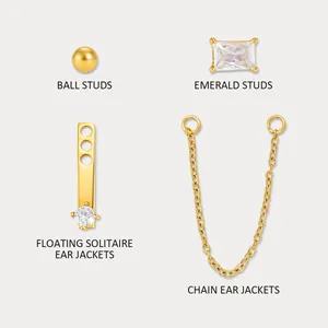Λεπτομερής προβολή σκουλαρικιών και ear jackets από επίχρυσο ανοξείδωτο ατσάλι