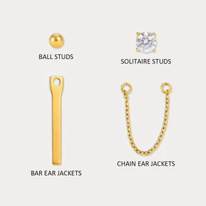 Interchangeable 18k gold plated stainless steel earring studs and jackets with zircon