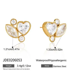 Pendientes de botón en forma de corazón de acero inoxidable 316L dorado con cristales