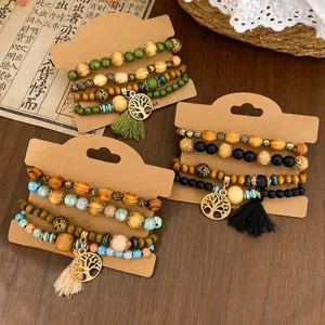 Vintage Boho Lebensbaum Quaste Armband Set für Damen Retro Holz Acryl Perlen Mehrlagiger Handschmuck