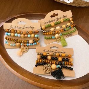 4er Set Böhmische elastische Armbänder mit Holzperlen und Baum des Lebens Anhängern