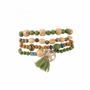 Vintage Böhmisches 4er-Set elastische Armbänder mit Lebensbaum-Anhänger und grüner Quaste
