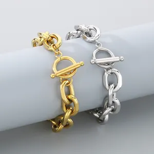 Chunky stainless steel Cuba chain bracelets with OT buckle in gold and silver