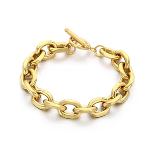 Chunky stainless steel Cuban chain bracelet with gold plating and OT toggle clasp