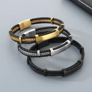 Bracelet multicouche en cuir tressé et fil d'acier pour hommes avec plaque incurvée