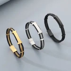 Bracelet Homme Business en Acier Inoxydable Cordon en Cuir Artificiel Tissé Multicouche Plaque Courbée Gravable Or Argent Noir Bracelet