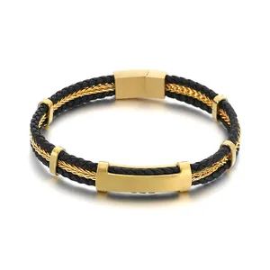 Bracelet homme en cuir noir tressé multicouche avec plaque dorée style business