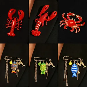 Women Ocean Vacation Style Zinc Alloy Red Lobster Crab Brooch Personalized Animal Marine Life Beach Accessory Pin Jewelry
