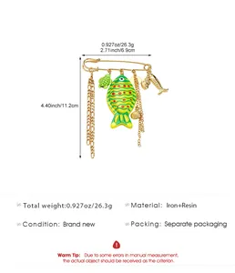 Detailed size and material specifications for the marine-themed fish and turtle brooch.