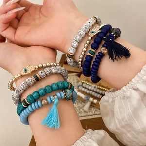 Bohemian Ethnic Beaded Bracelet Set For Women Acrylic Cotton Rope Rhinestone Hamsa Hand Evil Eye Elastic Tassel Bracelet Jewelry