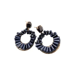 Elegante marineblaue Perlenohrringe mit fächerförmigem Kristalldesign für Damen im Trend