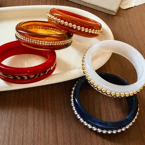 Resin Bangle Bracelet For Women With Metal Beads Rhinestone Leather Leopard Print Retro Style Jewelry Bangle Accessory