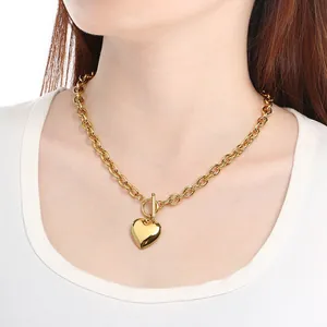 Stainless steel chunky chain necklace with gold 3D heart pendant and OT toggle clasp
