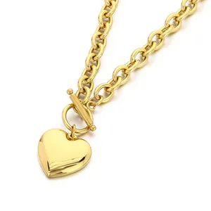 Gold stainless steel thick link necklace with heart pendant and OT toggle clasp