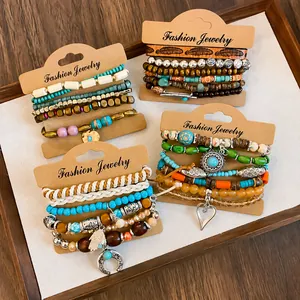 Bohemian multi-layer leather and glass bead bracelet set with charms on display cards