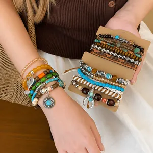 Bohemian multi-layer leather and glass beaded bracelet set with unique ethnic charms