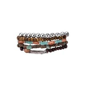 Bohemian multilayer beaded bracelet set with wood and stone accents on a white background