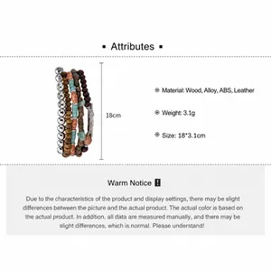 Detail view of bohemian multi-layer bead and leather bracelet with dimensions