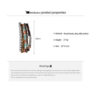 Detailed view of bohemian multi-layer bracelet featuring wood beads and leather strands