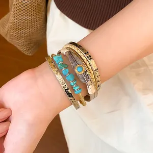 Bohemian multilayer leather bracelet set with turquoise beads and silver feather