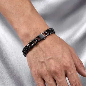 Bracciale a catena cubana da 11mm in acciaio inossidabile nero da uomo su seta grigia