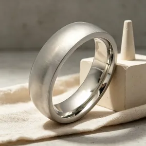 Macro view of a brushed titanium steel minimalist ring with polished inner surface.