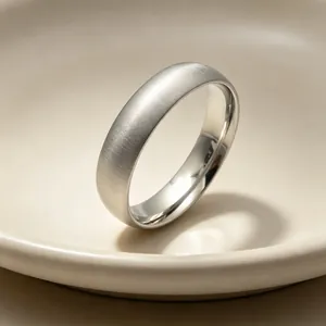 Close-up detail of a brushed stainless steel ring featuring a smooth polished interior band