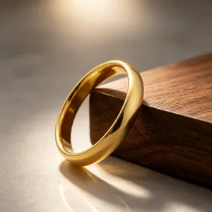 Close-up macro detail of a polished golden titanium steel plain band ring on wood.