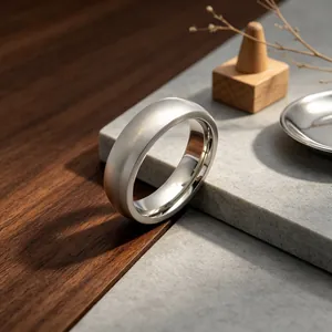 Detailed macro shot of a brushed silver titanium steel ring on stone surface