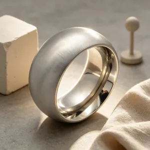 Close-up showing the brushed texture and polished interior of this stainless steel ring
