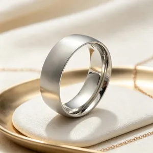 High-quality close-up of a brushed stainless steel band ring with a polished inner surface