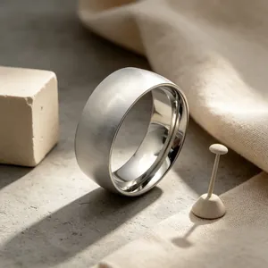 Macro view of brushed stainless steel plain ring with a polished interior finish