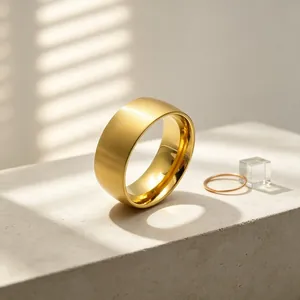 Detail of gold brushed stainless steel ring with polished inner surface on stone base