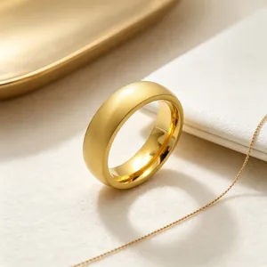 Macro view of matte gold titanium steel ring showing brushed outer and polished inner