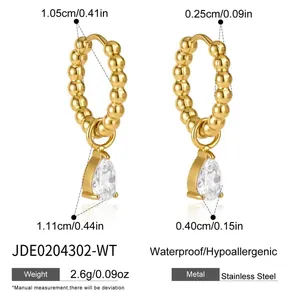 Créoles en acier inoxydable doré avec pendentif en zircon goutte d'eau clair 2,6g
