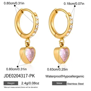 Boucles d'oreilles créoles dorées en acier inoxydable avec pendentif cœur en zircon rose