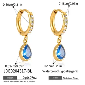 Boucles d'oreilles créoles en acier doré avec pendentif zircon bleu goutte d'eau