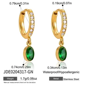 Boucles d'oreilles créoles dorées en acier avec pendentif zircon ovale vert