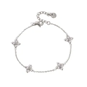 Elegant silver-toned stainless steel flower bracelet with sparkling clear cubic zirconia stones