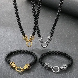 Punk skull black onyx beaded bracelet and necklace set for men with steel clasps