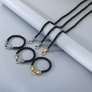 Punk Skull Beaded Necklace And Bracelet Stainless Steel Black Agate Beads Gothic Rhinestone Vintage Jewelry For Men