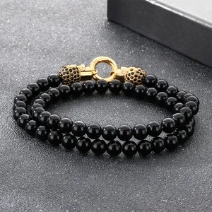 Punk men's double-row black agate beaded bracelet with gold skull clasp