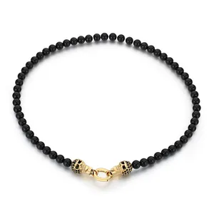 Punk retro black agate beaded necklace with gold skull accents and ring clasp for men