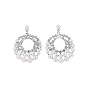 Elegant French style hollow circular drop earrings with white pearls and sparkling crystals