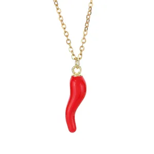 Vibrant red chili pepper pendant necklace with a sleek gold-colored titanium steel chain