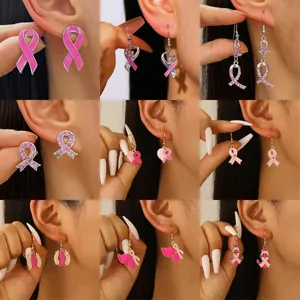 Orecchini Pendenti Nastro Rosa Consapevolezza Cancro al Seno Donna Speranza Gnomo Cuore Acrilico Lega Smalto Gioielli