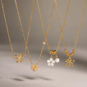 Collar con Colgante de Flor Hueca de Acero Inoxidable Chapado en Oro Strass Perla Artificial Gargantilla Moda Mujer
