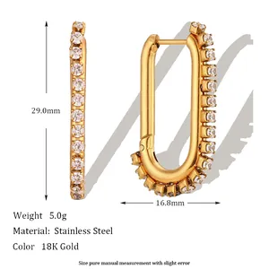 Detailed view of gold-plated stainless steel hoop earrings with clear stones and dimensions