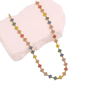 Colorful rhinestone four-leaf flower necklace in gold-plated stainless steel style.
