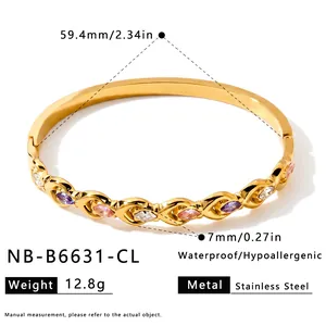 Detail view of 18k gold-plated stainless steel bangle with colorful marquise zircons